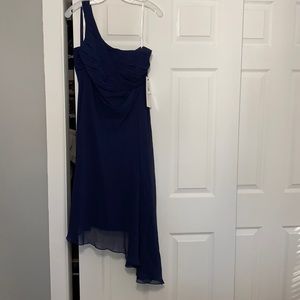 One shoulder dark blue asymmetrical cocktail dress